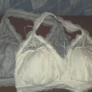 *New* Aerie Elegant Lace Halter Top Floral Bralette Set - Cream and Gray Size XL